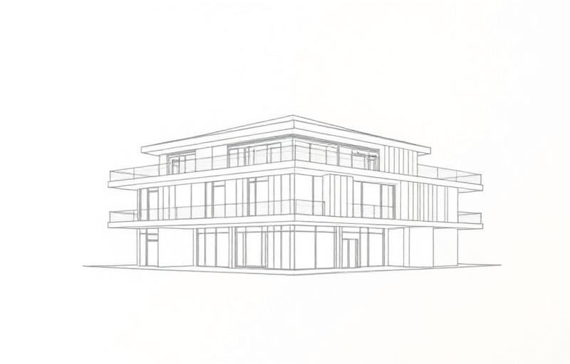 Fine-line architectural blueprint of a modern building